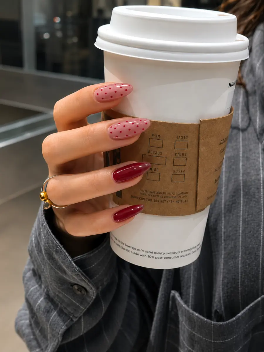 Diseño de uñas rosadas y rojas con puntos